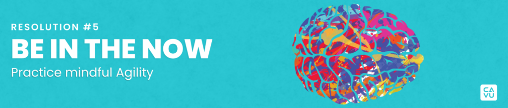 Resoluition #5: Be in the now. Practice mindfulness to reduce stress and improve focus. It can help you stay grounded in fast-paced or high-stress situations. Check out the Mindful Agility podcast for tips and guidance in how you can apply Mindfullness in your Agile journey.